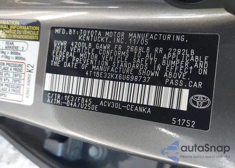 2006 Toyota Camry Le z USA, uszkodzony, nr VIN 4T1BE32KX6U698737